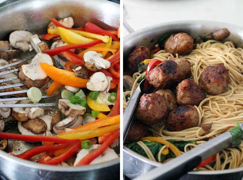 Process collage showing sautéing veggies and adding meatballs and noodles for lo mein.
