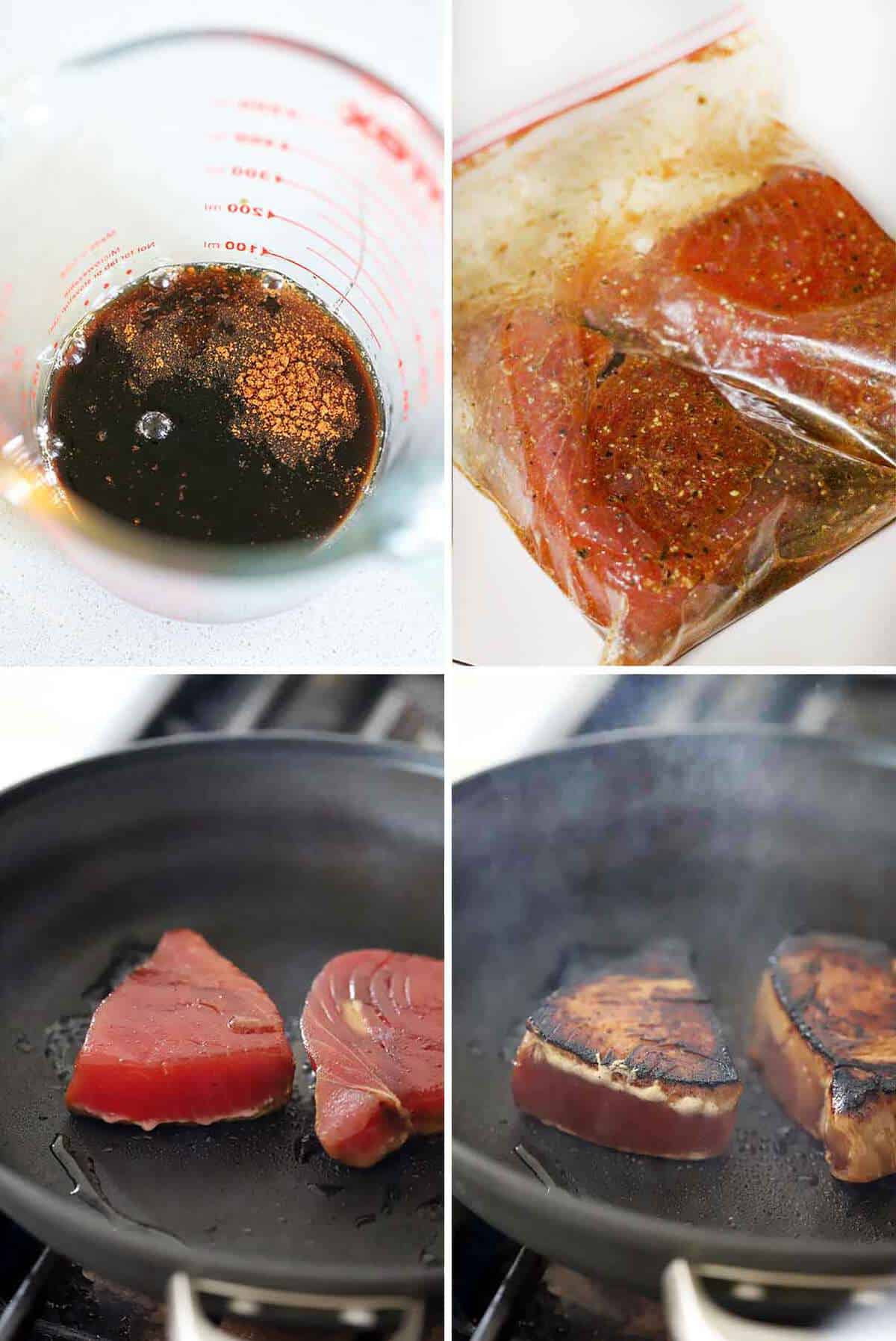 Ahi tuna steaks marinating and seared to medium rare in a nonstick skillet.