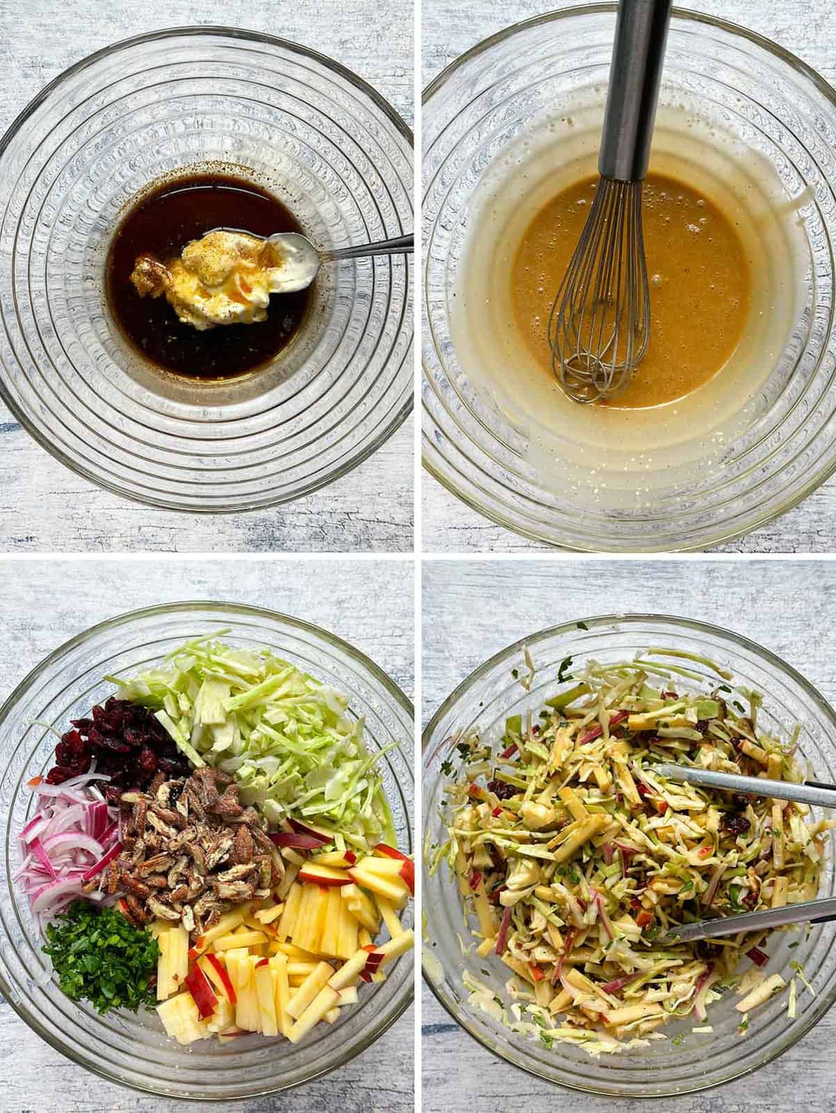Process collage showing how to make creamy maple balsamic dressing in a large bowl and then add the ingredients for apple coleslaw to it to mix together.