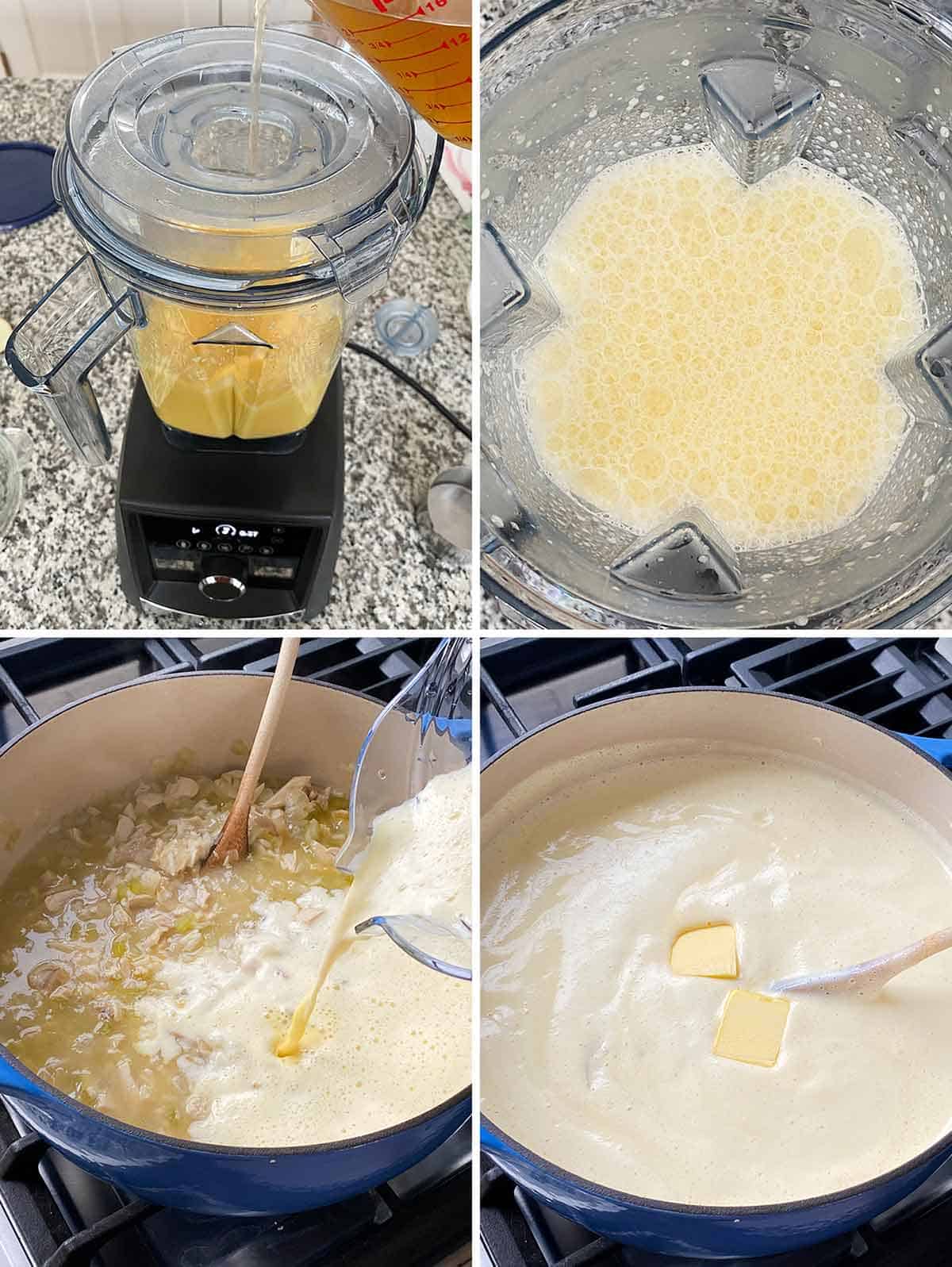 Process collage showing making Avgolemono sauce in a blender and pouring it into chicken rice soup.