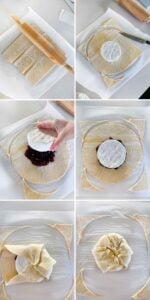 Process collage showing how to assemble a brie en croute with puff pastry.