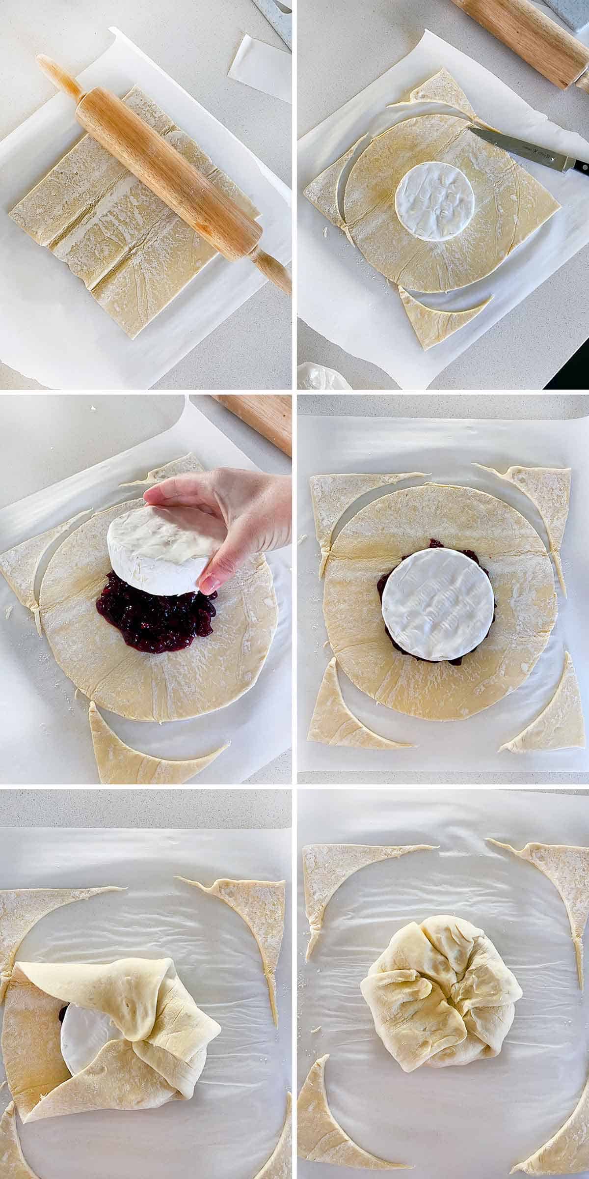 Process collage showing how to assemble a brie en croute with puff pastry.