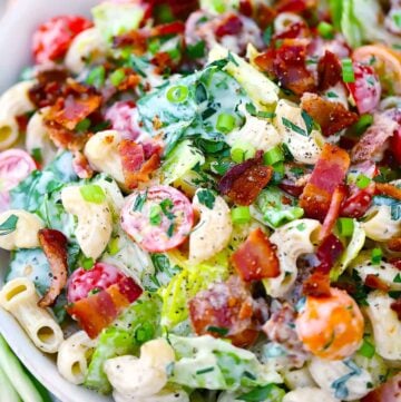 Square photo of BLT pasta salad close-up.