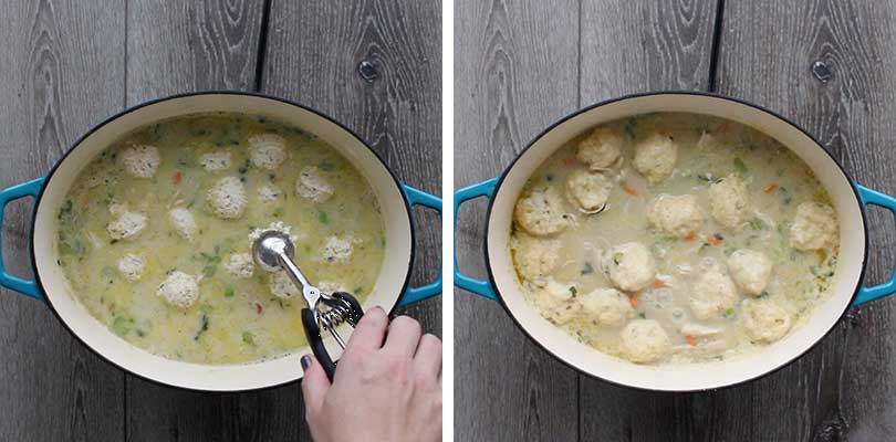 Using a cookie scoop to drop dumplings in chicken and dumplings soup