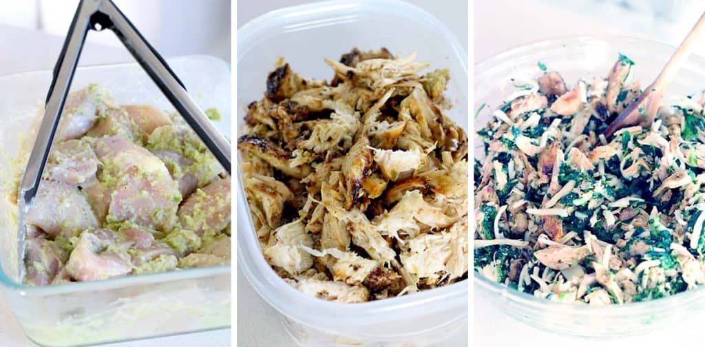 These Chicken and Spinach Enchiladas Verdes are my FAVORITE enchiladas! The recipe is freezable and packed with healthy greens, the chicken is marinated in a delicious jalape&ntilde;o garlic mixture, and they're topped with jarred roasted tomatillo salsa for a quick and easy shortcut.