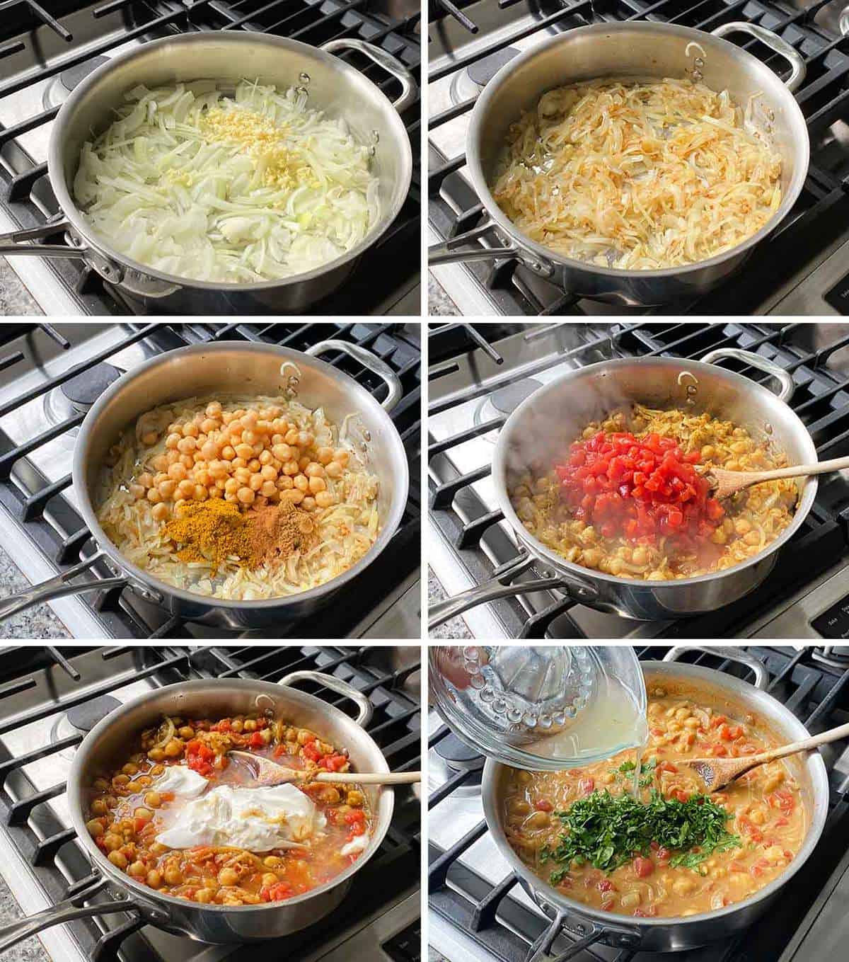 Process collage showing how to make chickpea curry in one pot.