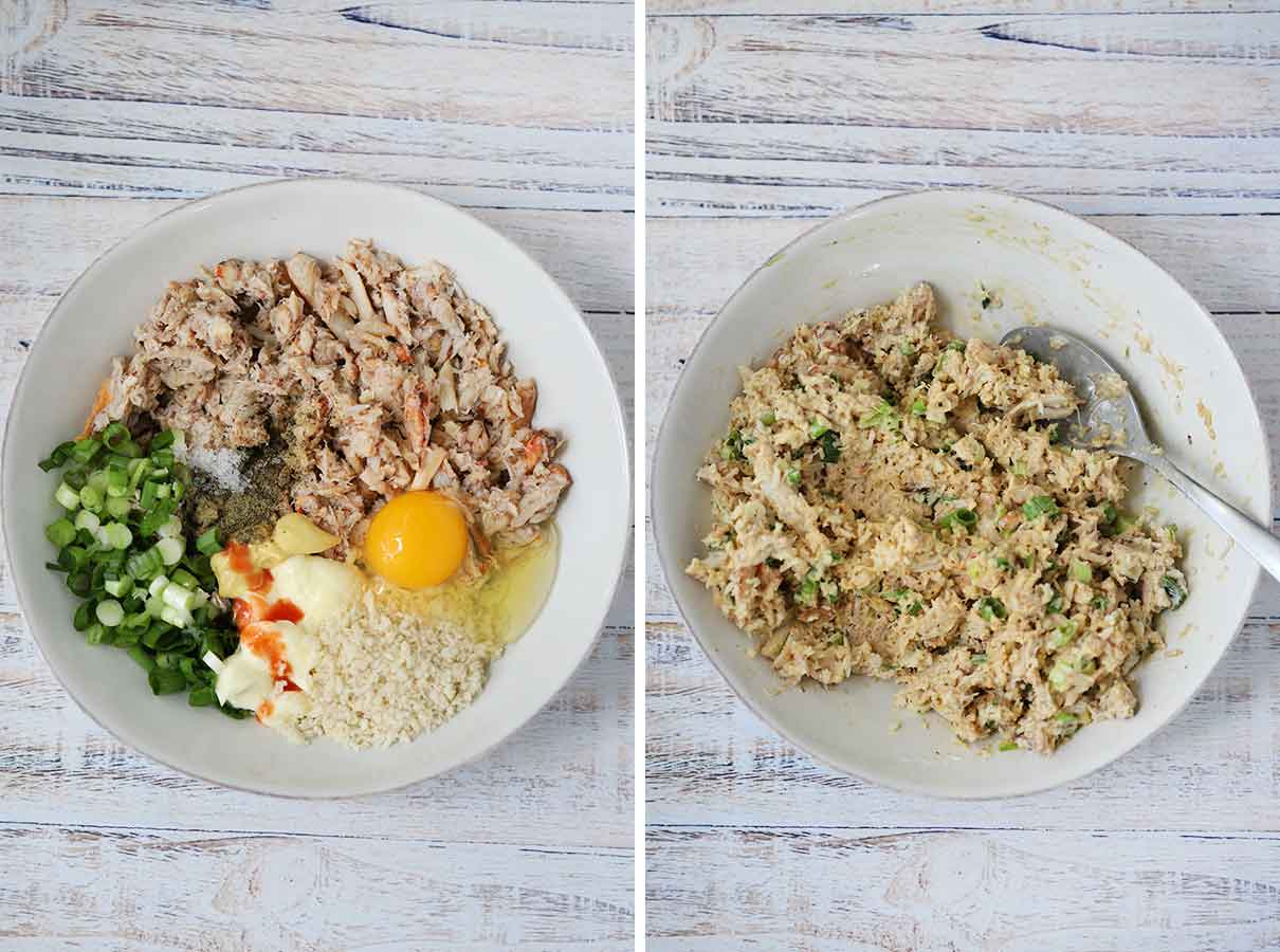 Process collage showing mixing crab meat, egg, bread crumbs, mayonnaise, soy sauce, dijon mustard, hot sauce, and green onions together in a bowl to make crab cakes.