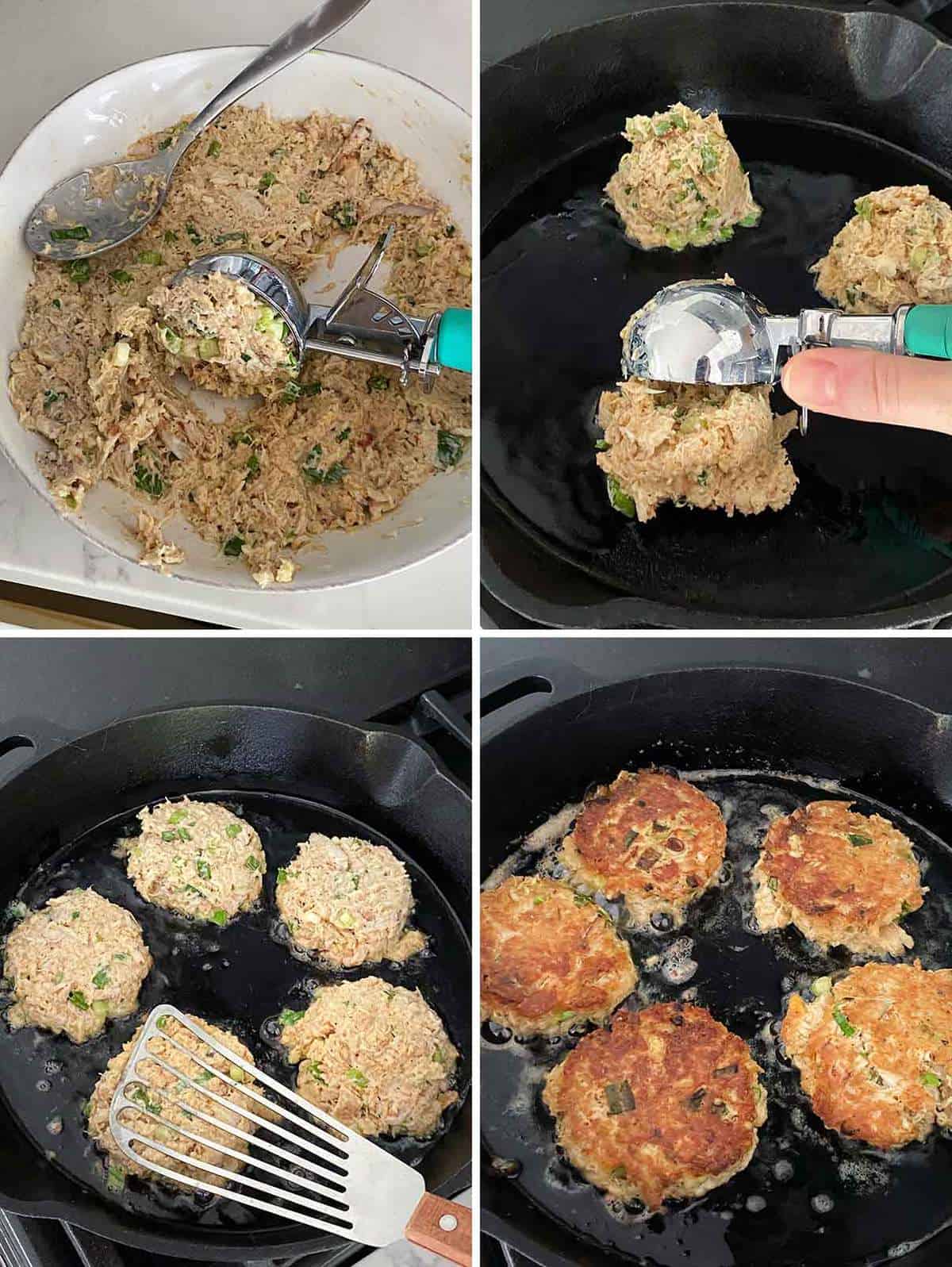 Process collage showing how to scoop crab cake mix into a hot skillet and flatten with a spatula.