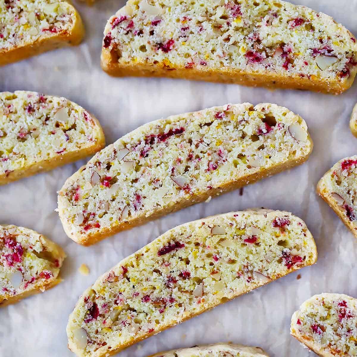Close-up photo of homemade cranberry orange biscotti
