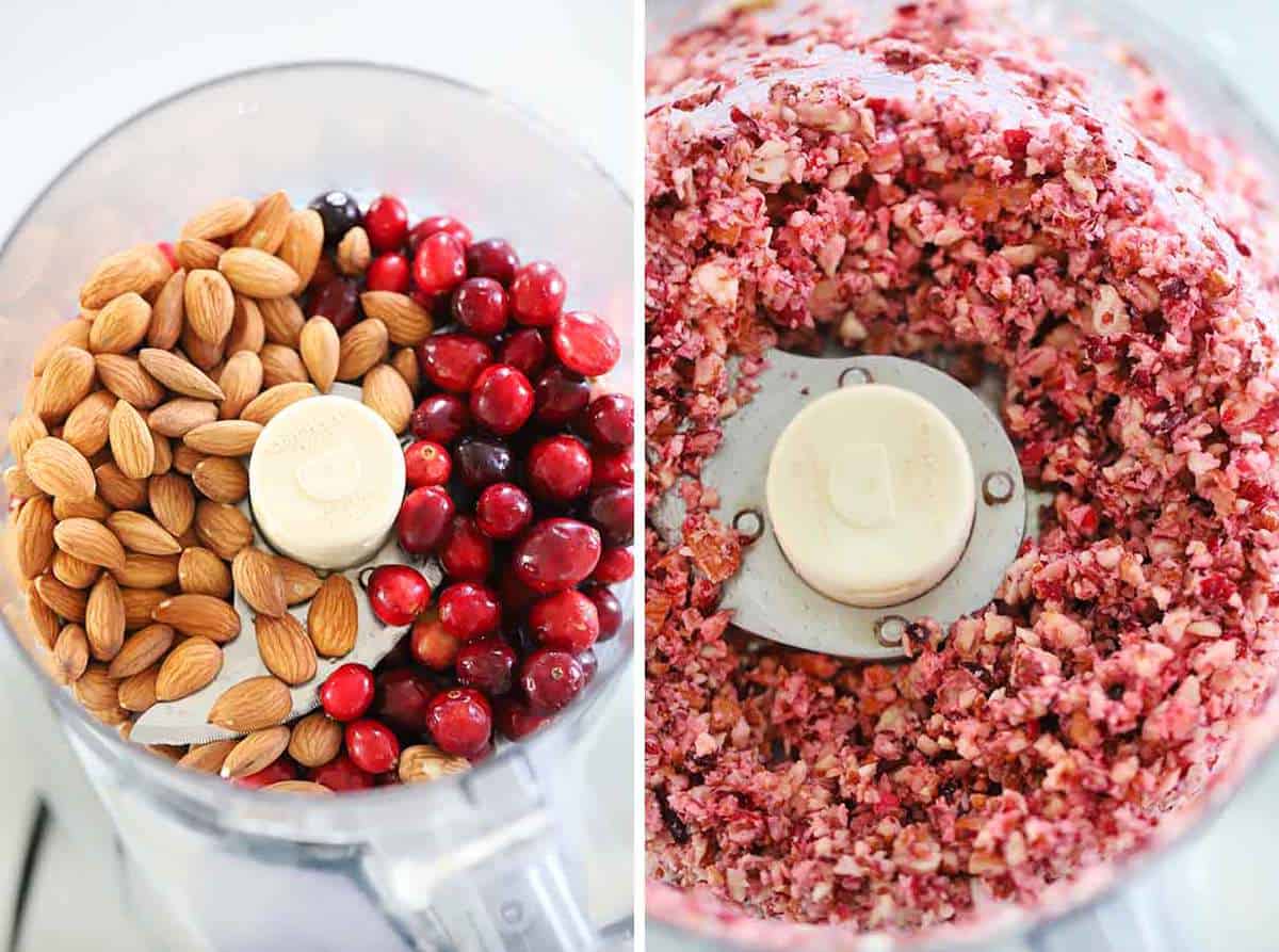 Grinding up whole almonds and fresh cranberries in a food processor.