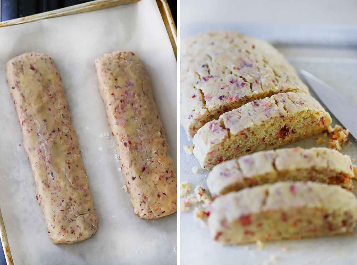How to form biscotti into loaves to bake and slice them.