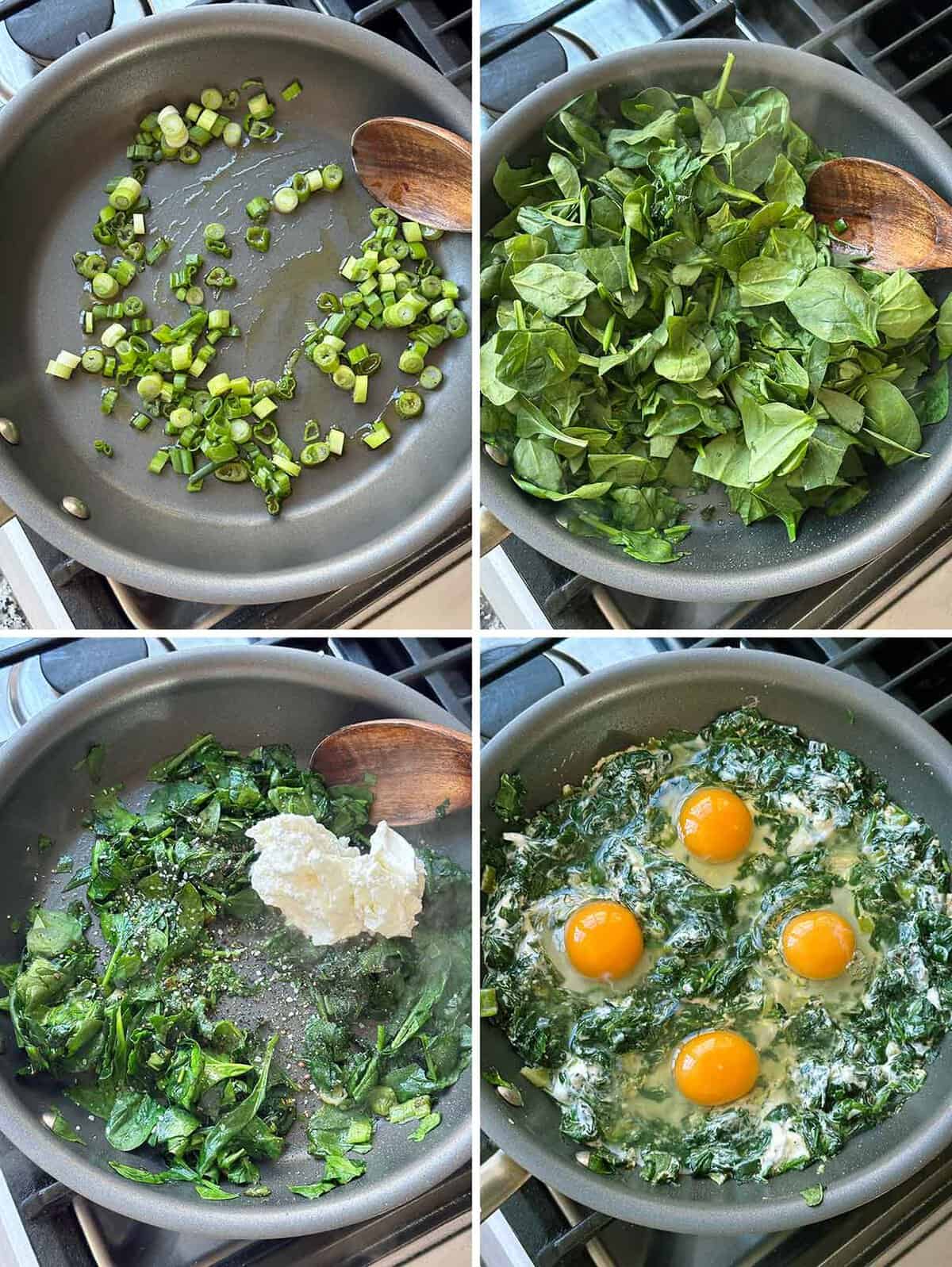 Process collage showing how to make creamy spinach and eggs by sautéing green onions in olive oil. adding baby spinach, greek yogurt, salt, and pepper, and cracking eggs directly into the mixture to cook.