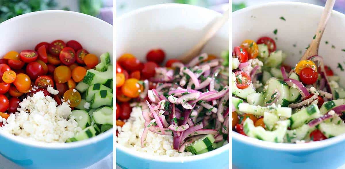 Mixing tomatoes, cucumbers, and feta cheese with pickled red onions and dressing.