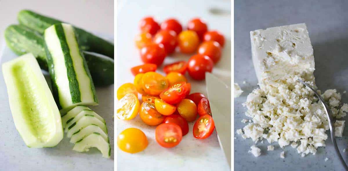 slicing a peeled and seeded cucumber, cutting cherry tomatoes in half, and crumbling feta cheese with a fork.