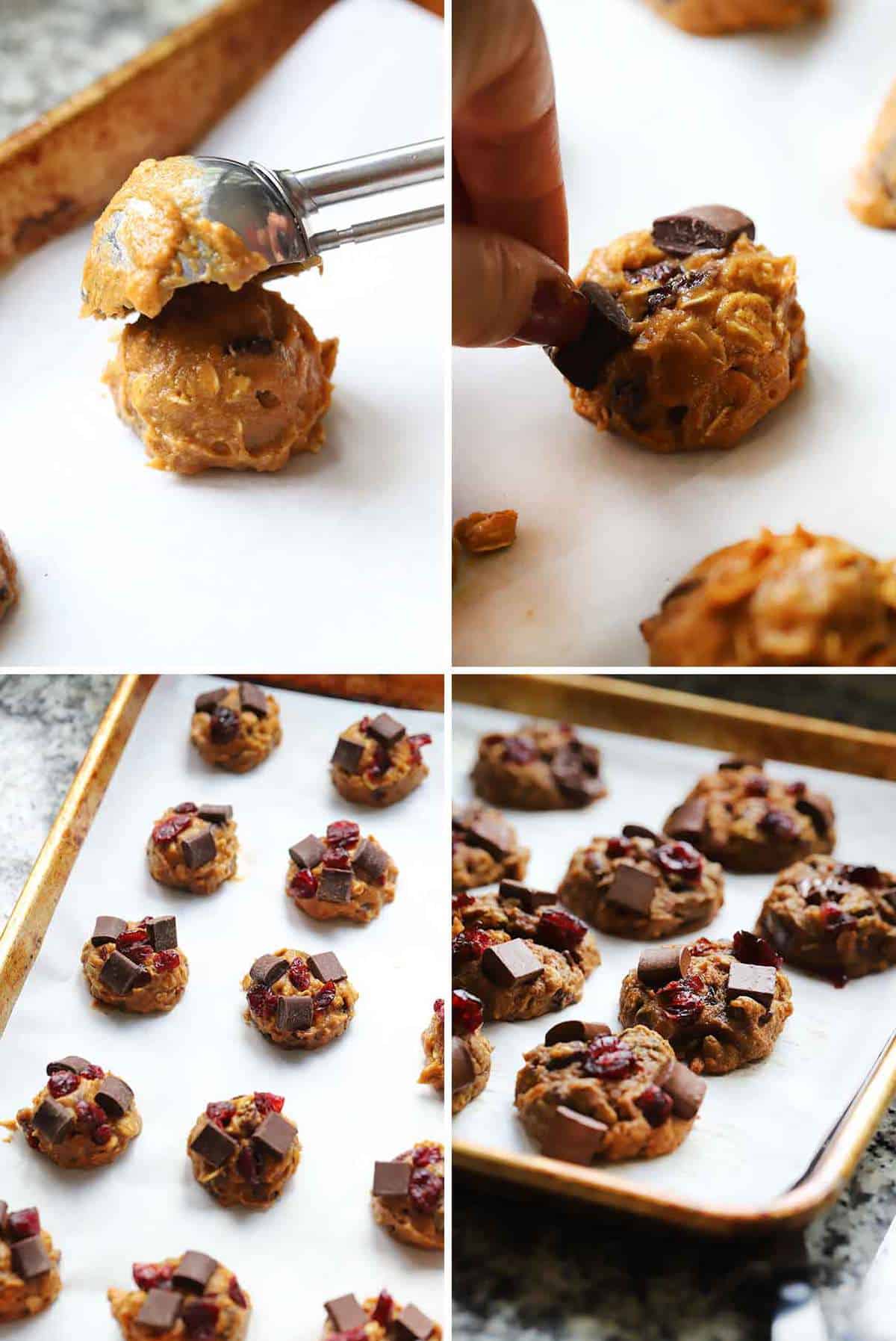 Process collage showing scooping pumpkin cookie dough and adding chocolate chunks and cranberries before baking.