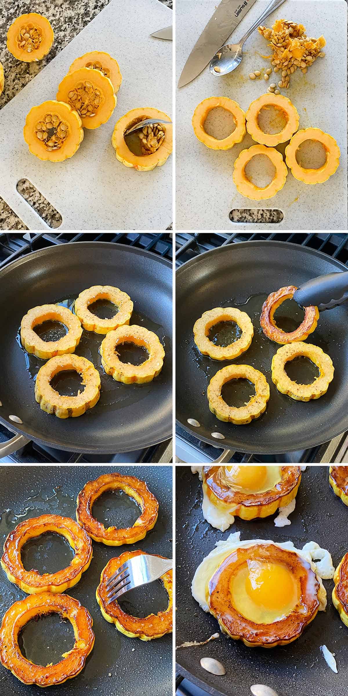 Process collage showing how to make delicata squash egg in a hole breakfast.