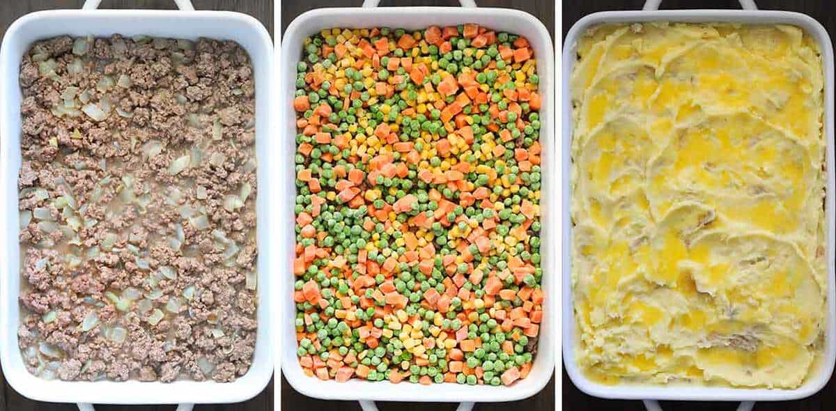 Layering the ingredients for shepherd's pie in a baking dish.