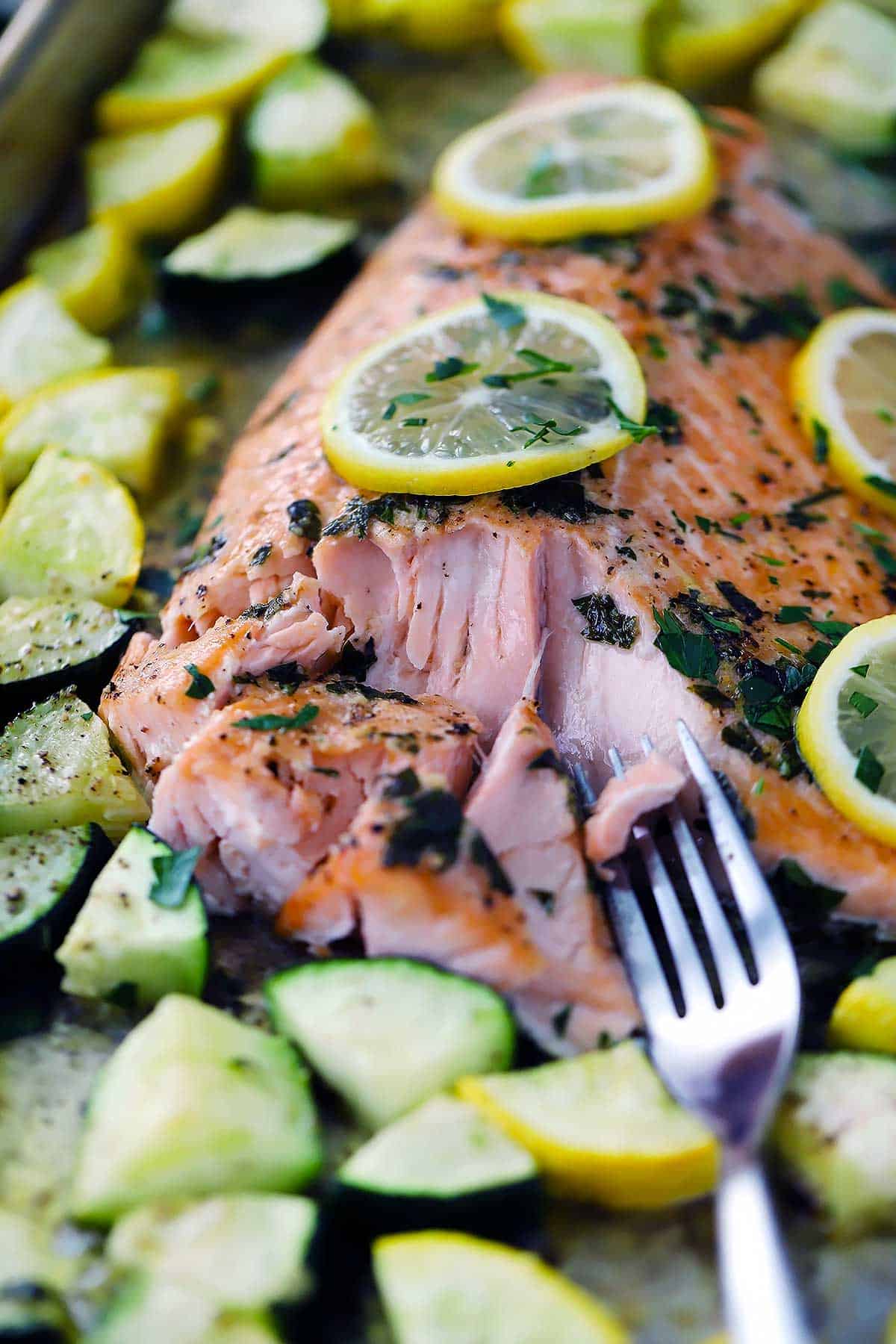 A close up photograph of garlic butter salmon being flaked apart with a fork