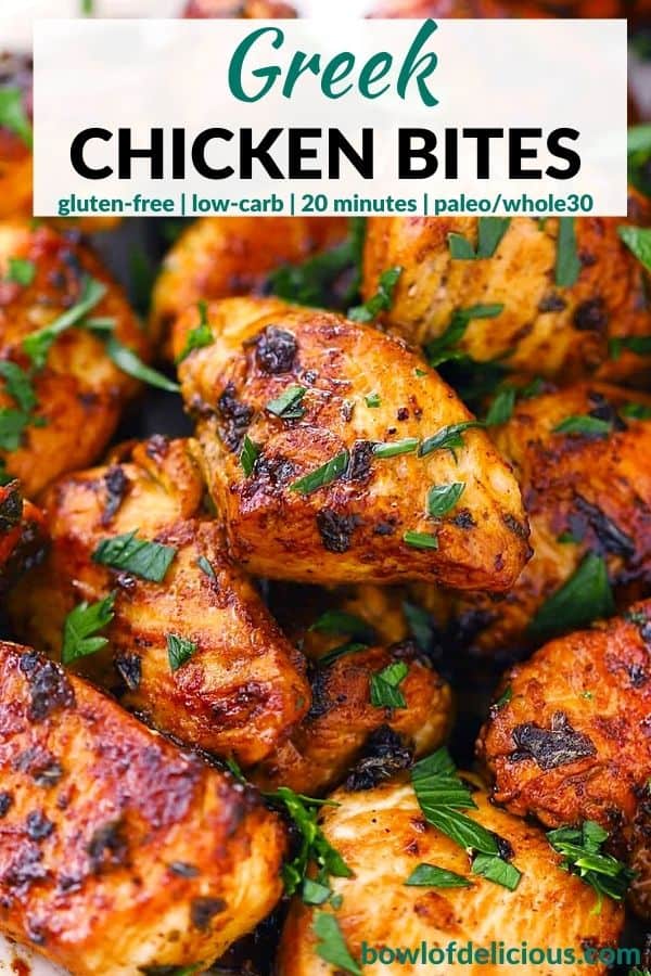 Pinterest image for Greek Chicken Bites.