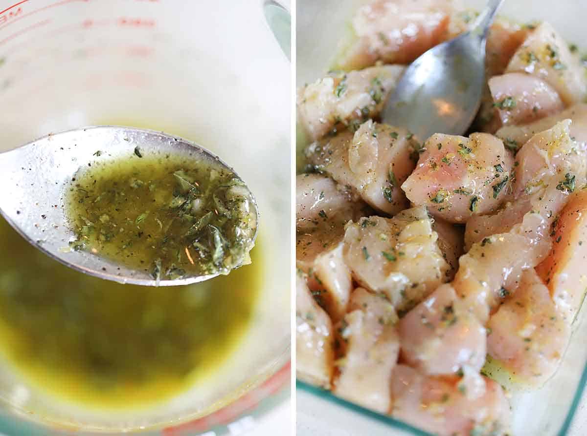 Greek marinade on cut up chicken breasts.