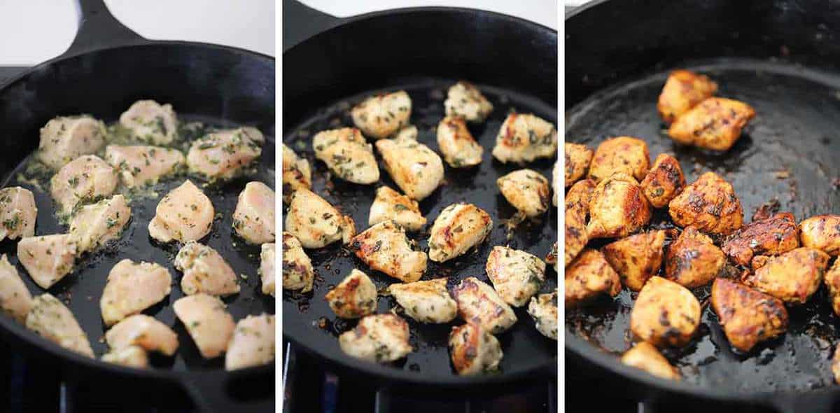 Process collage showing how to cook Greek Chicken Bites in a cast iron skillet.