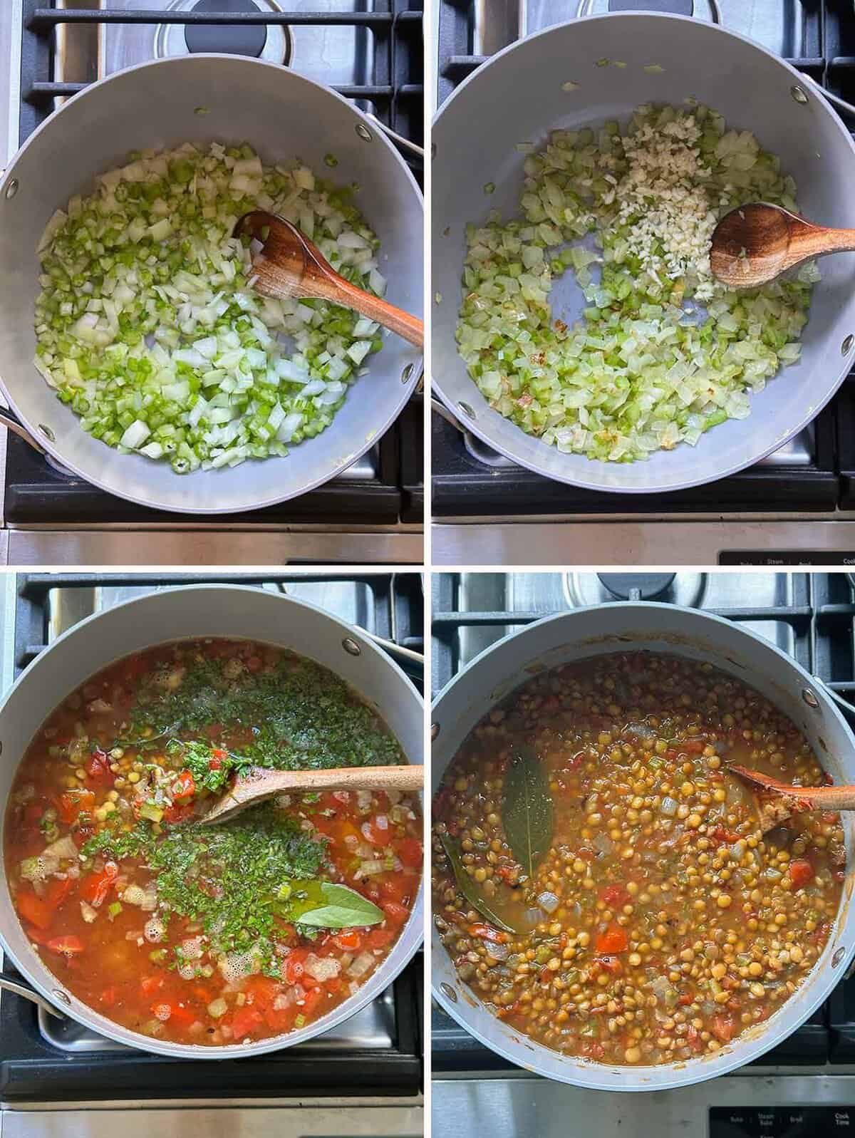 Process collage showing how to make Greek lentil soup in a pot, sautéing celery and onions, adding garlic, adding broth, lentils, herbs, tomatoes, and bay leaves, then what it looks like after cooking.