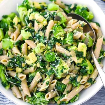 Square photo of green goddess pasta salad.