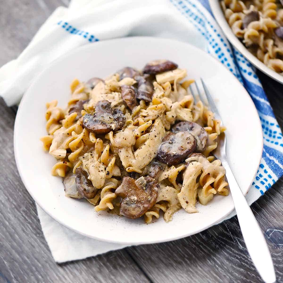 Square photo of chicken stroganoff on a plate with a fork.