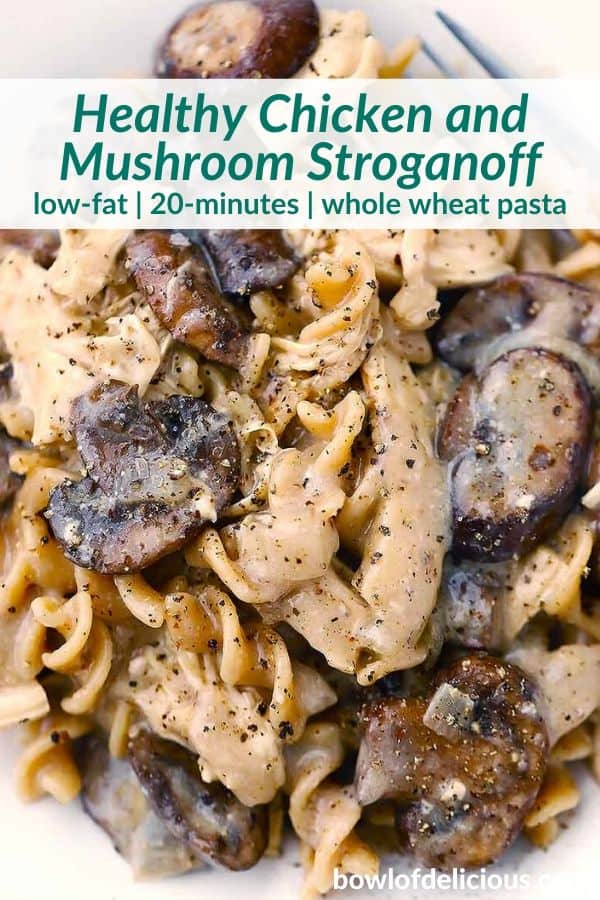 Pinterest image for healthy chicken and mushroom stroganoff