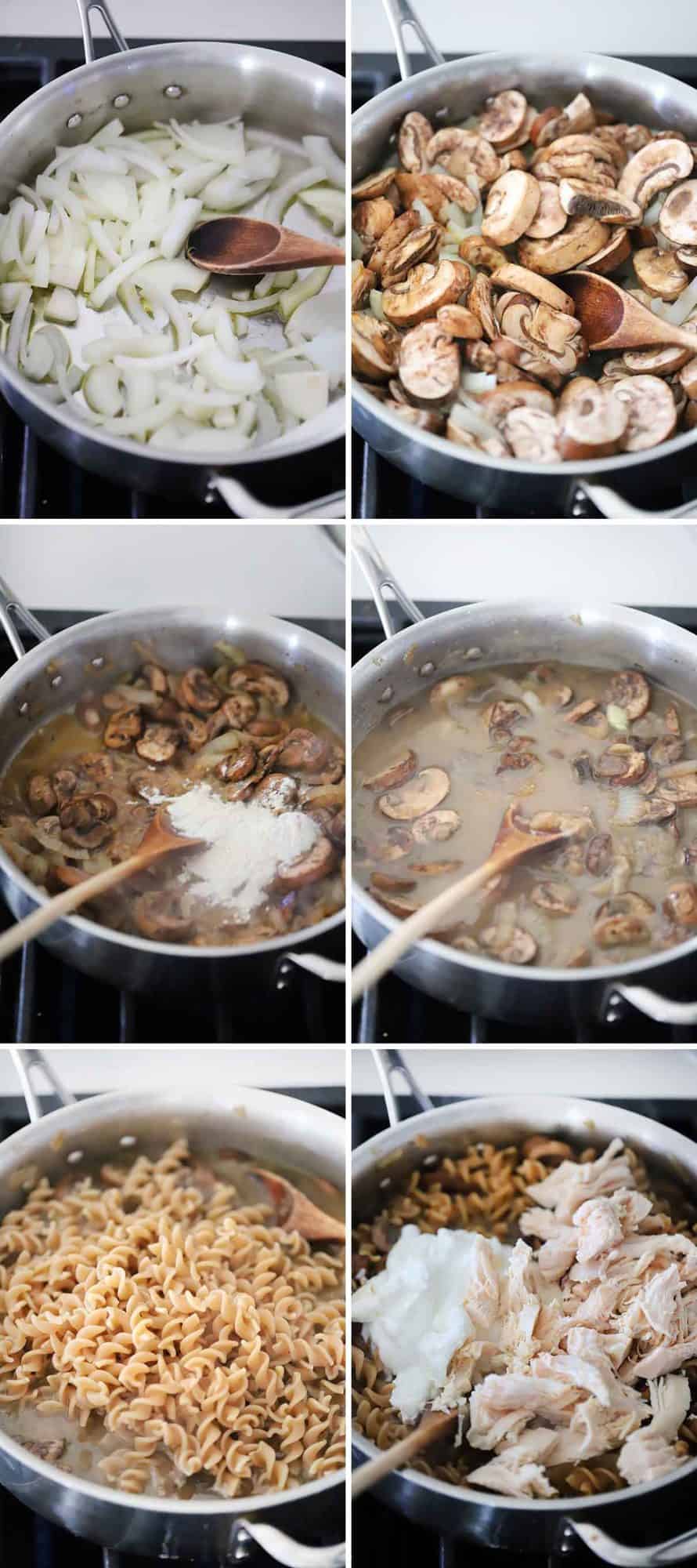 How to make chicken and mushroom stroganoff in a skillet process collage.
