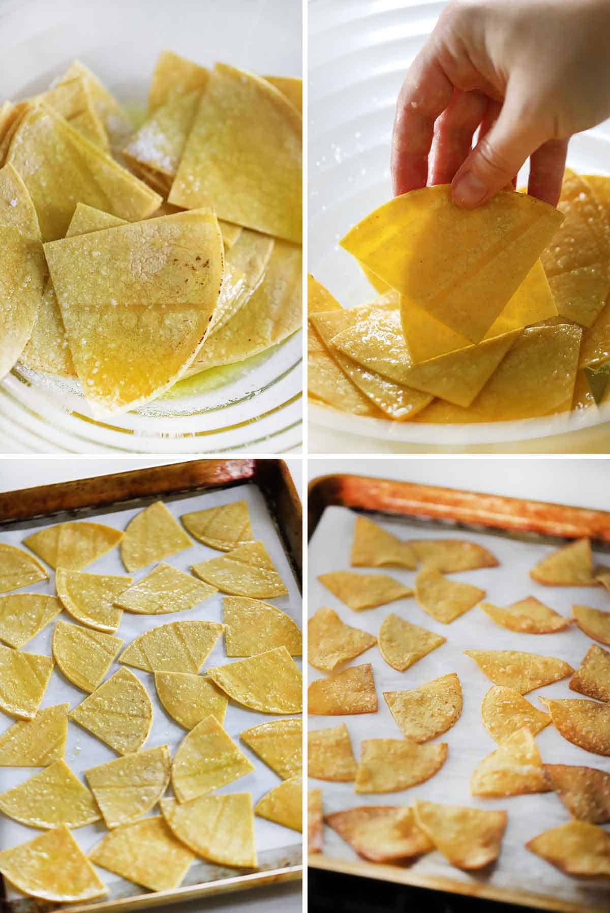Process collage showing coating tortilla chips in oil and salt and baking on a baking sheet.