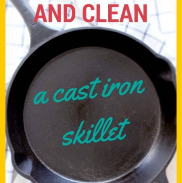 Bird's eye view of a cast iron skillet on a blue and white striped cloth, with overlaid text that reads, "How to use, season, and clean a cast iron skillet."