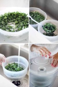 Showing how to soak kale in ice water and wash it before spinning it in a salad spinner.
