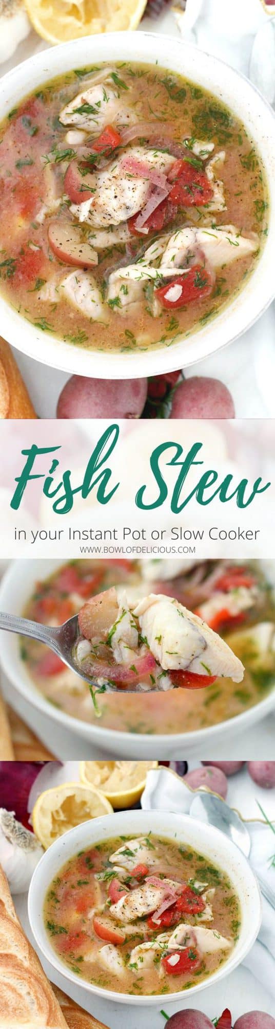 This Instant Pot Fish Stew is a delicious Mediterranean recipe year-round. It features sea bass, potatoes, and tomatoes, and it's flavored with fresh lemon juice, dill, and extra-virgin olive oil. It only takes 20 minutes to make in a pressure cooker! #InstantPot #FishStew #MediterraneanDiet #Whole30 #Paleo This Instant Pot Fish Stew is a delicious Mediterranean recipe year-round. It features sea bass, potatoes, and tomatoes, and it's flavored with fresh lemon juice, dill, and extra-virgin olive oil. It only takes 20 minutes to make in a pressure cooker!