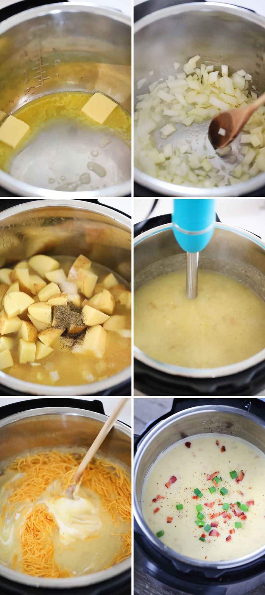 Process collage showing how to make potato soup in your pressure cooker.