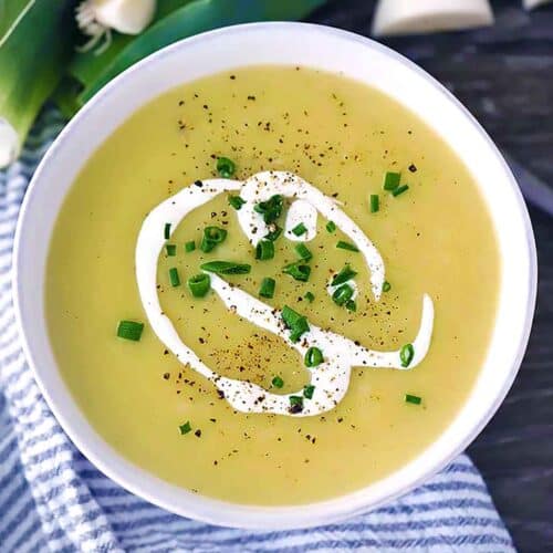 Square photo of potato leek soup.