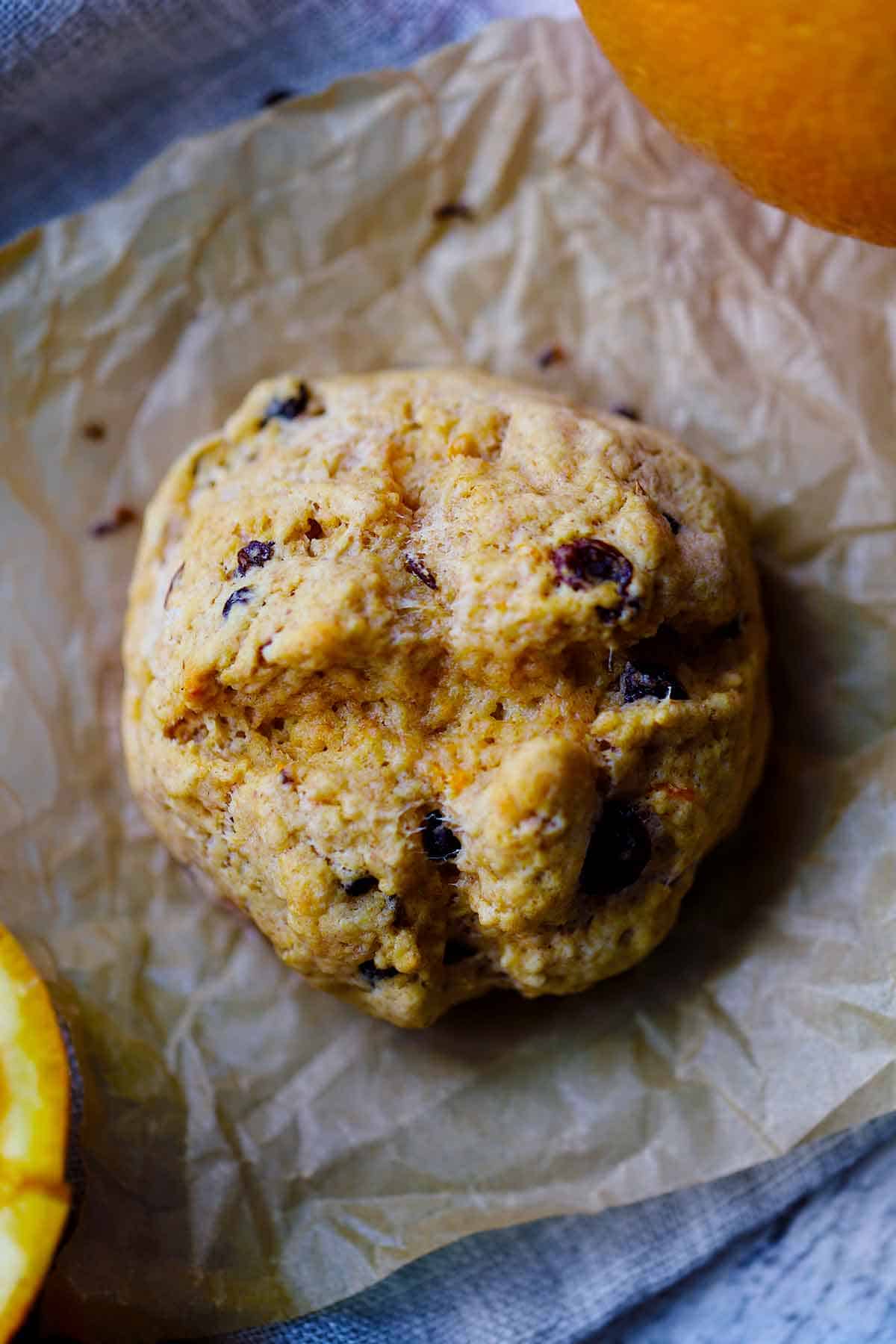 Close up overhead photo of an Irish Soda Bread scone.