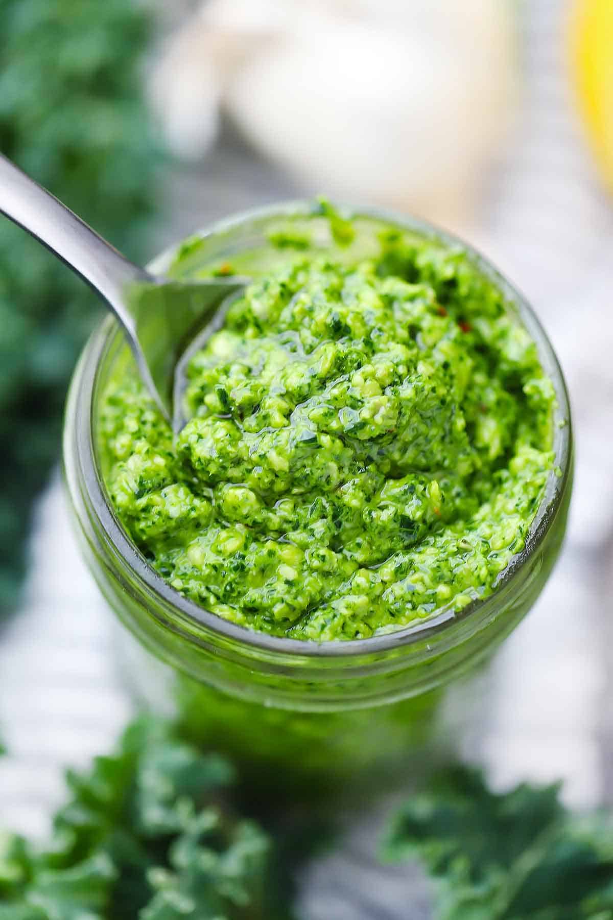 Kale pesto in a mason jar.