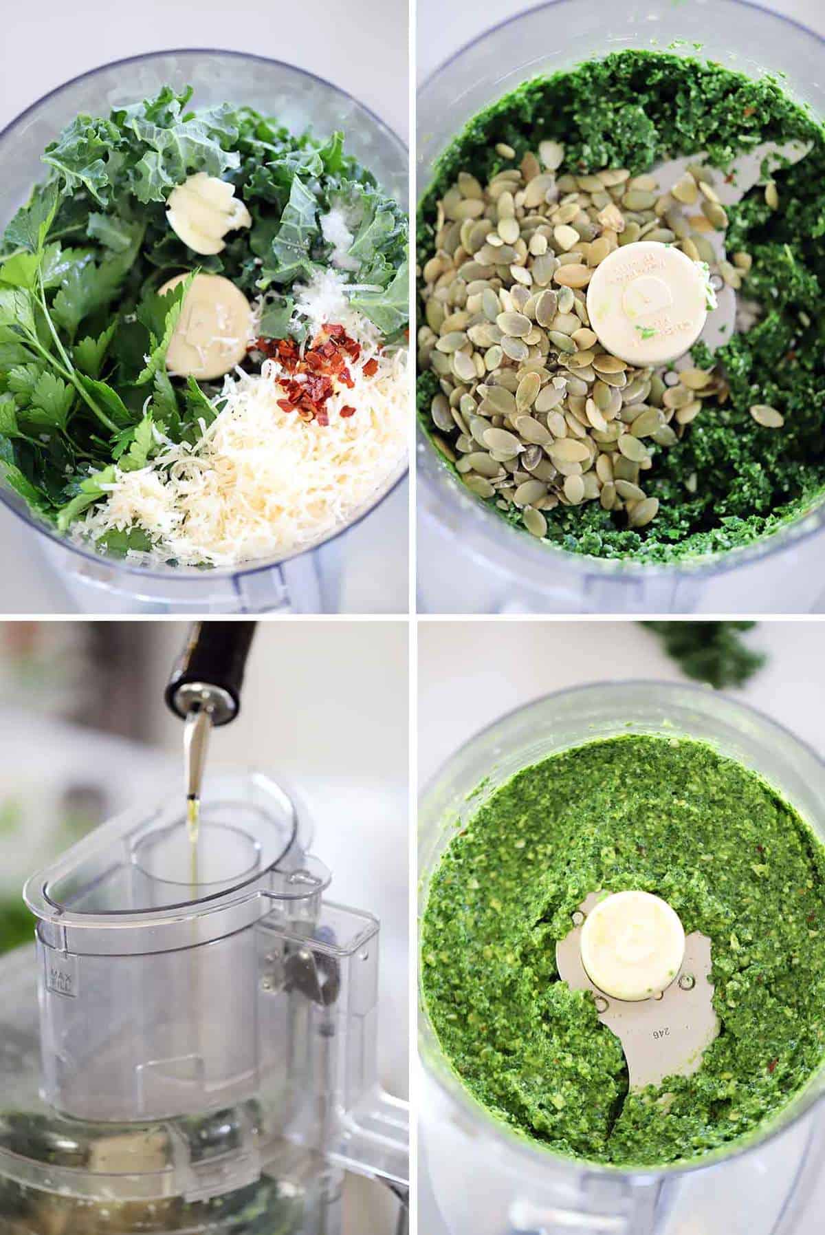 How to make kale pesto in a food processor photo collage.