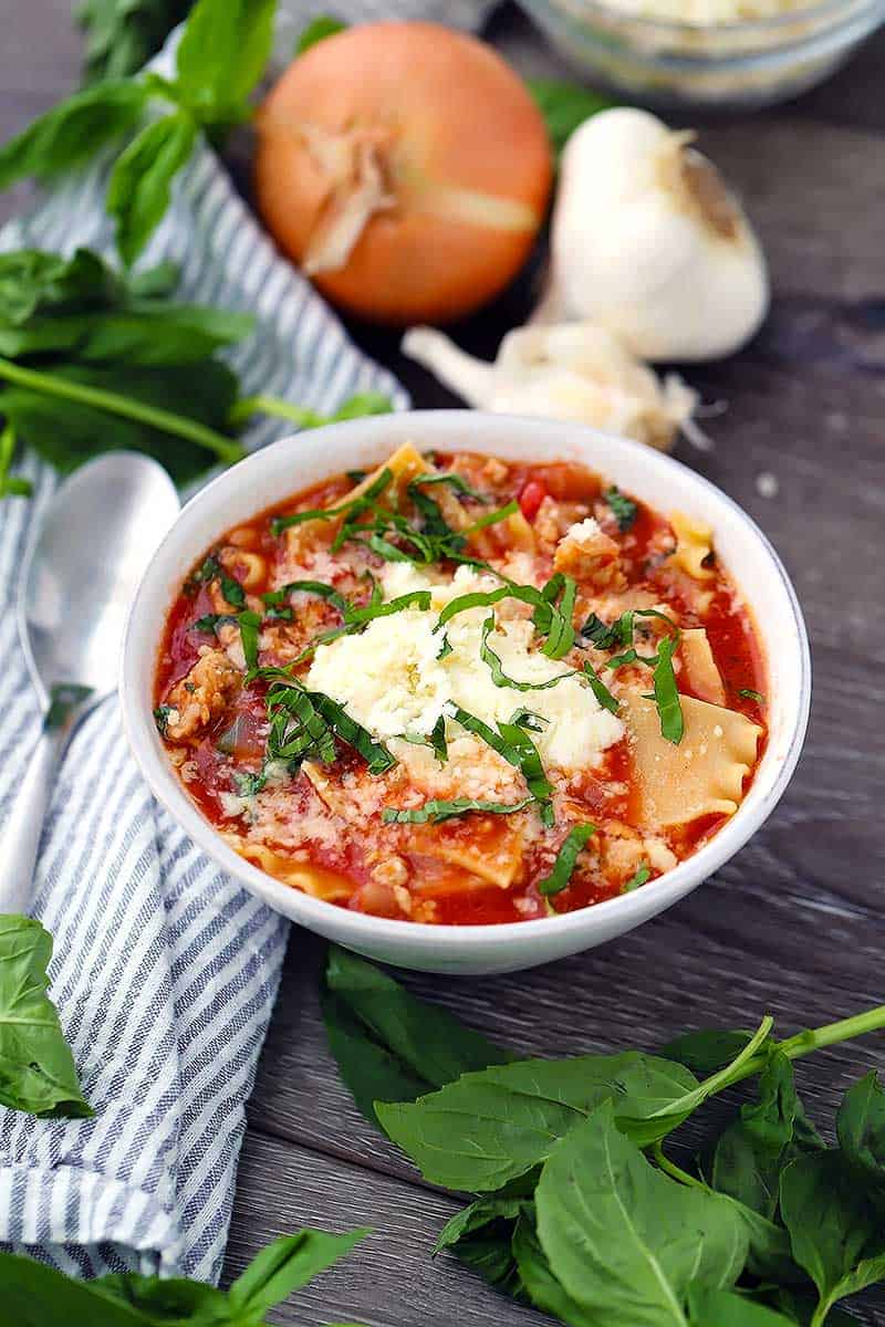 A bowl of lasagna soup.