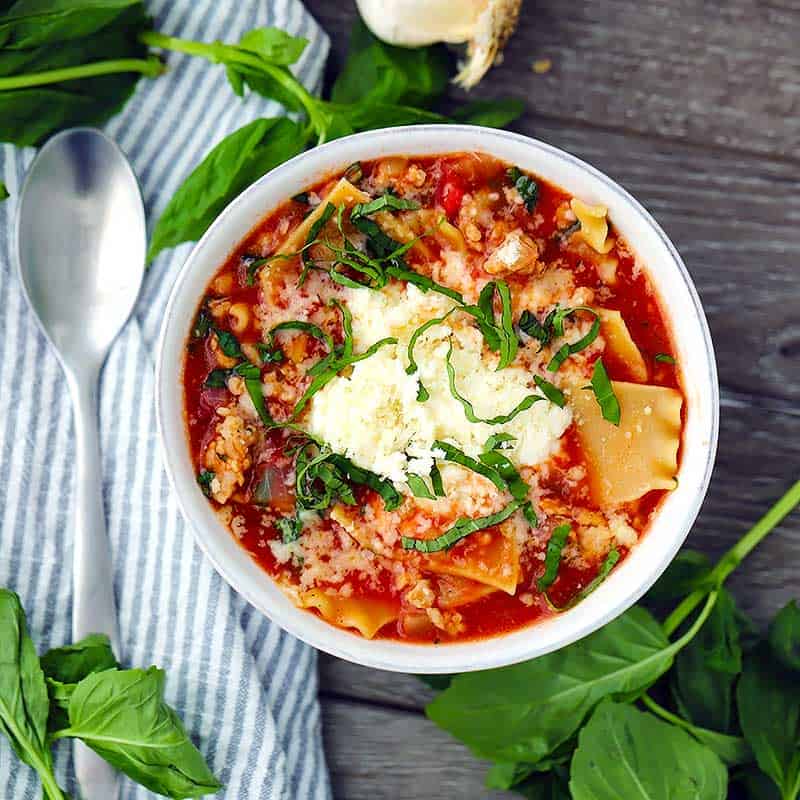 Square photo of lasagna soup.