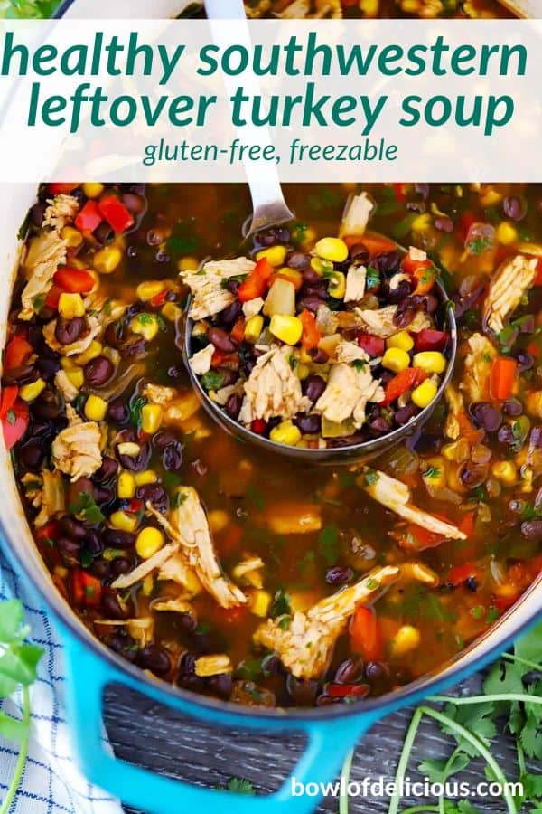 Pinterest image for leftover turkey soup.