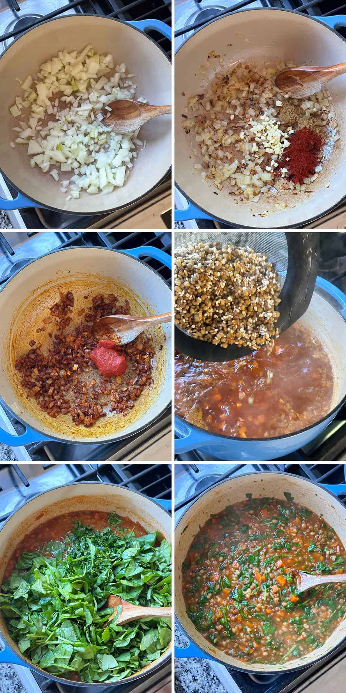 Photo collage showing how to make lentil barley soup in a blue dutch oven on the stovetop.