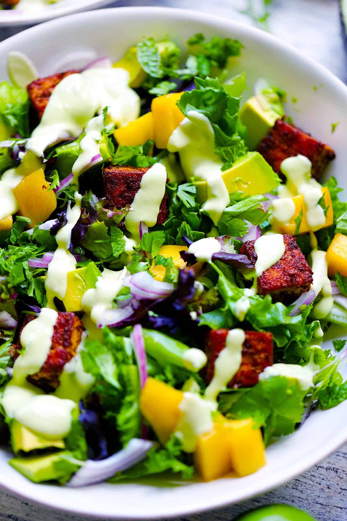 Close up photo of mango avocado salad with cubes of blackened tofu drizzled with creamy avocado dressing.