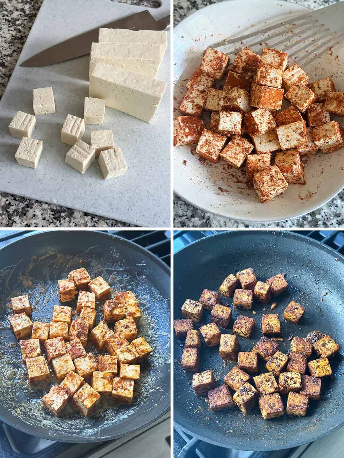 Process collage showing how to cube tofu and make blackened tofu in a skillet.