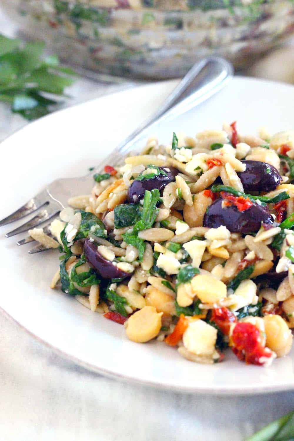 This easy Chickpea and Orzo Salad recipe has all the flavors of the Mediterranean- olives, feta, sun dried tomatoes, and garlic- with an awesome crunch from toasted almonds. It's packed with fiber and nutrients and is great as a side at a potluck or an entire meal.