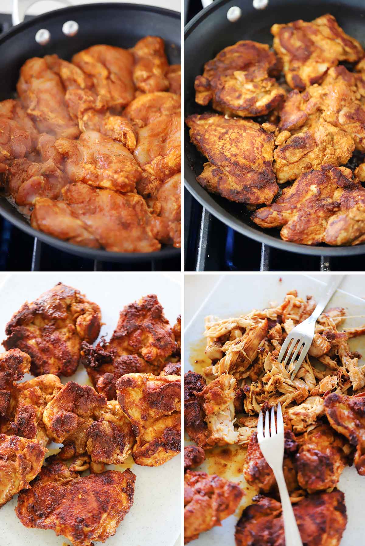 Process collage showing how to sear chicken thighs in a skillet and shred apart with two forks.