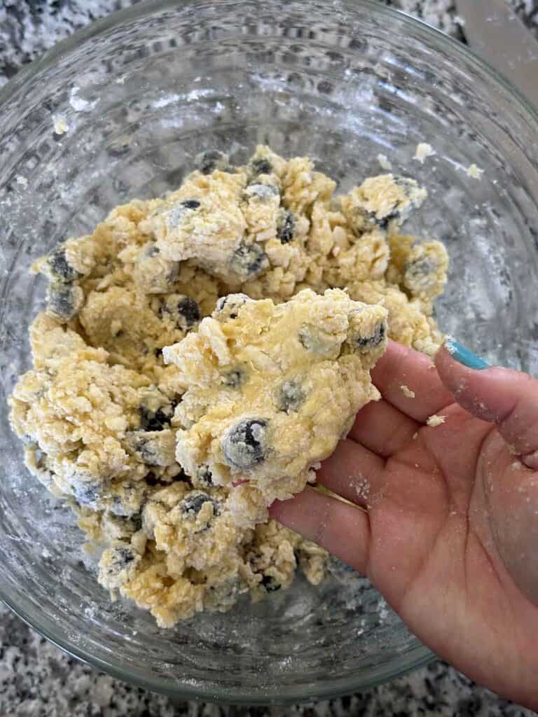 A hand showing the texture of blueberry scone dough, showing it should stick together and form a shape well.