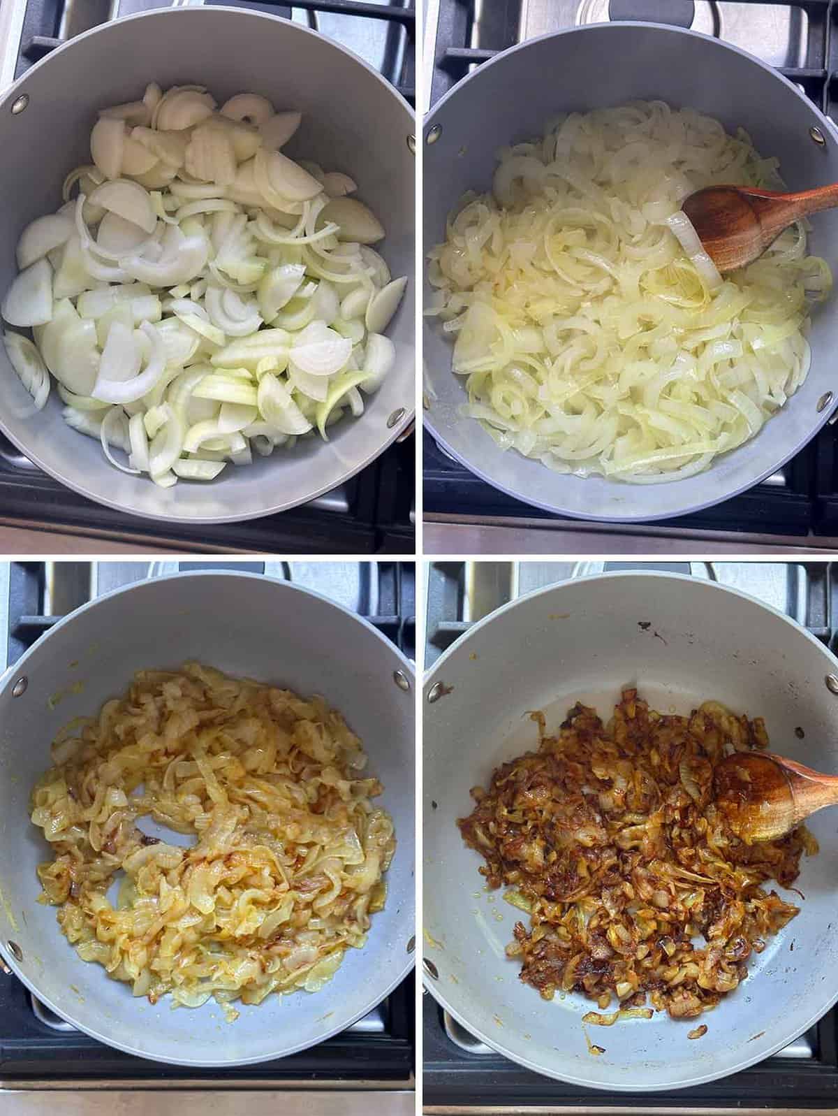 Process collage showing four stages of caramelizing onions, from start to finish, the last image being a deep golden brown color.