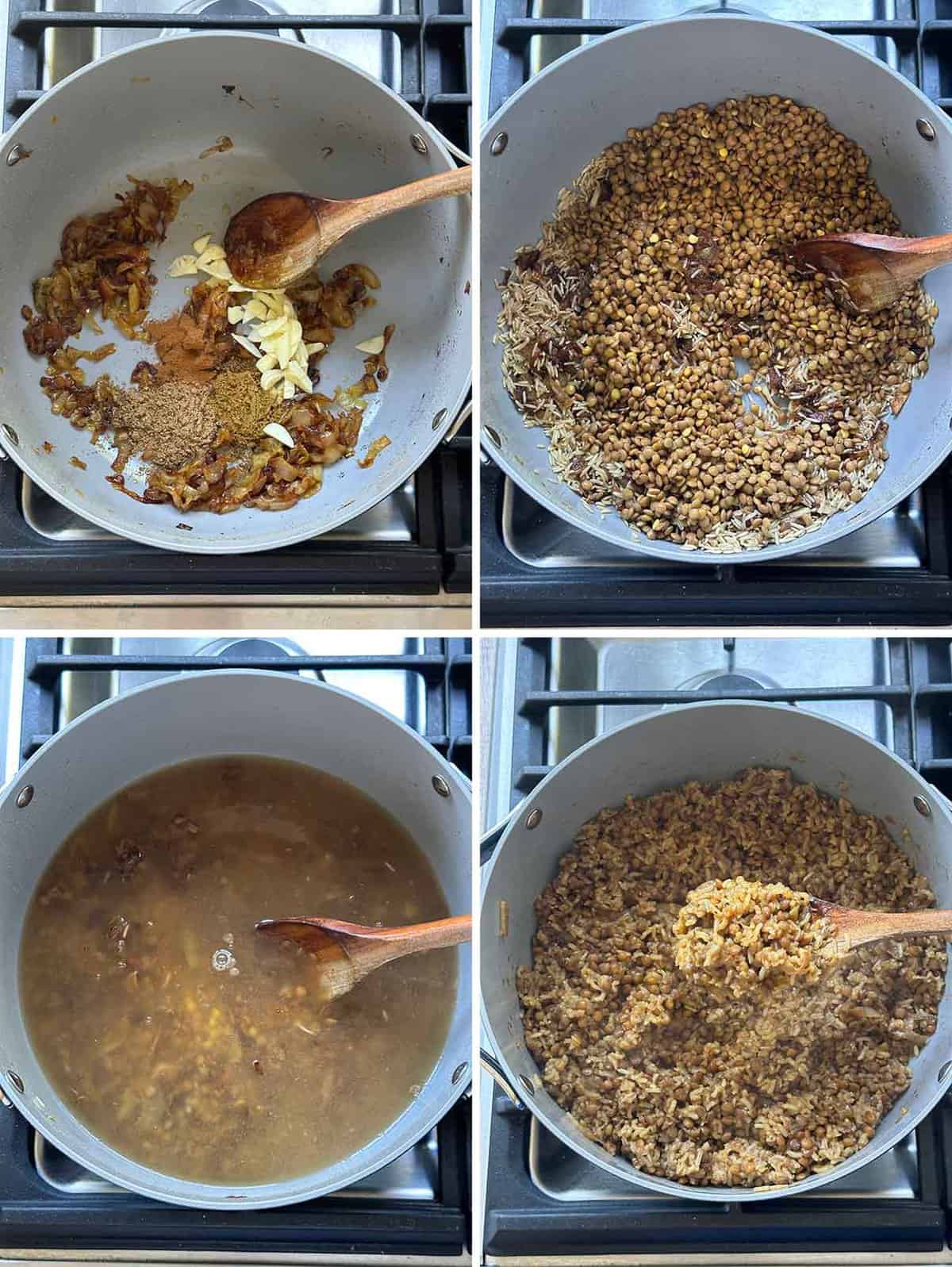 Process collage showing adding garlic and spices to caramelized onions, then rinsed rice and lentils, then vegetable broth, then what the mujadara looks like when it's done, being lifted out of the pot with a wooden spoon.